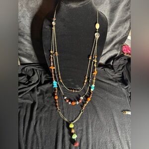Womens Long Beaded Necklace Hangs 24” Down Antique Bronze Amber Turquoise colors